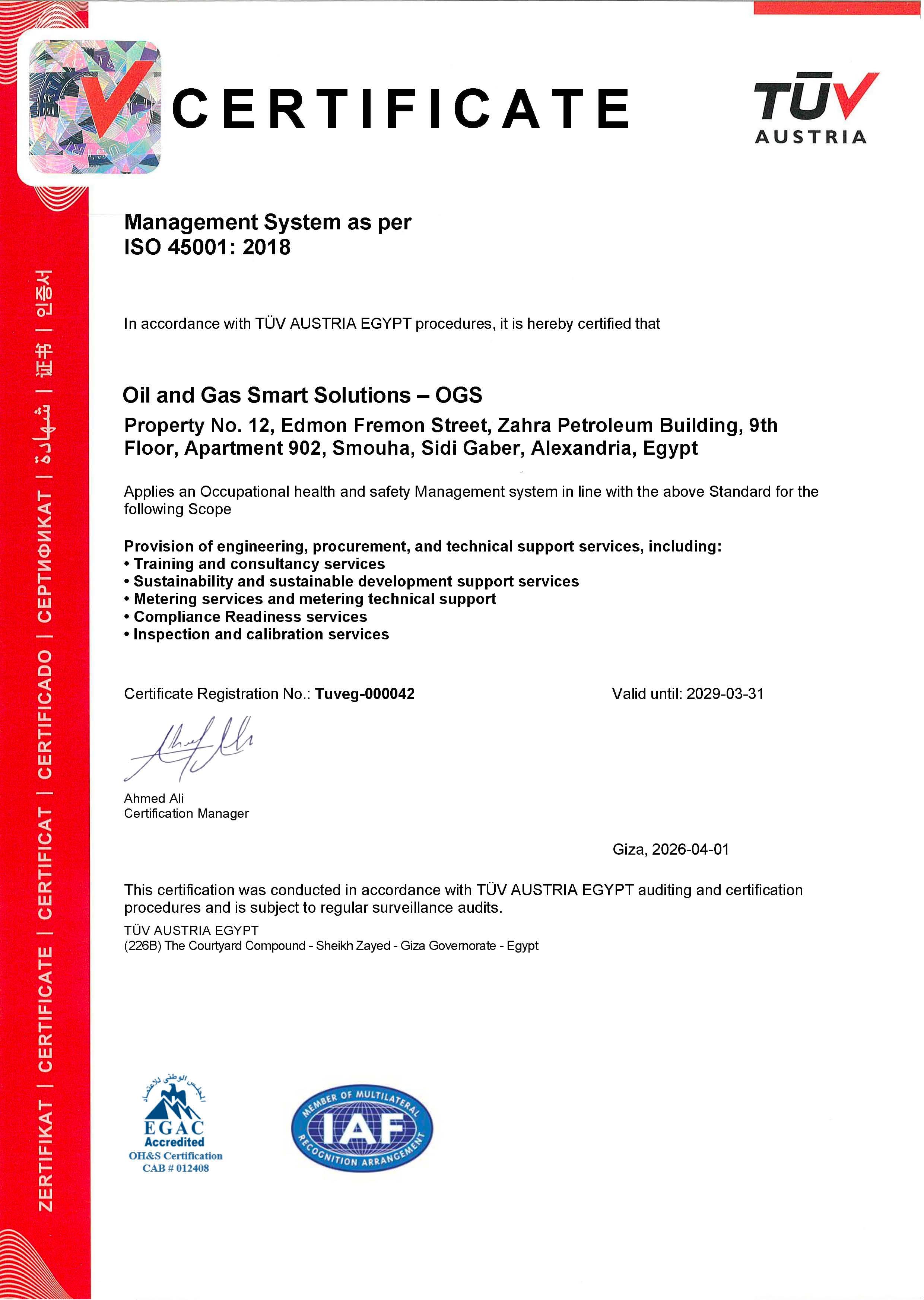 ISO 45001:2018 Certificate — TÜV Austria Egypt