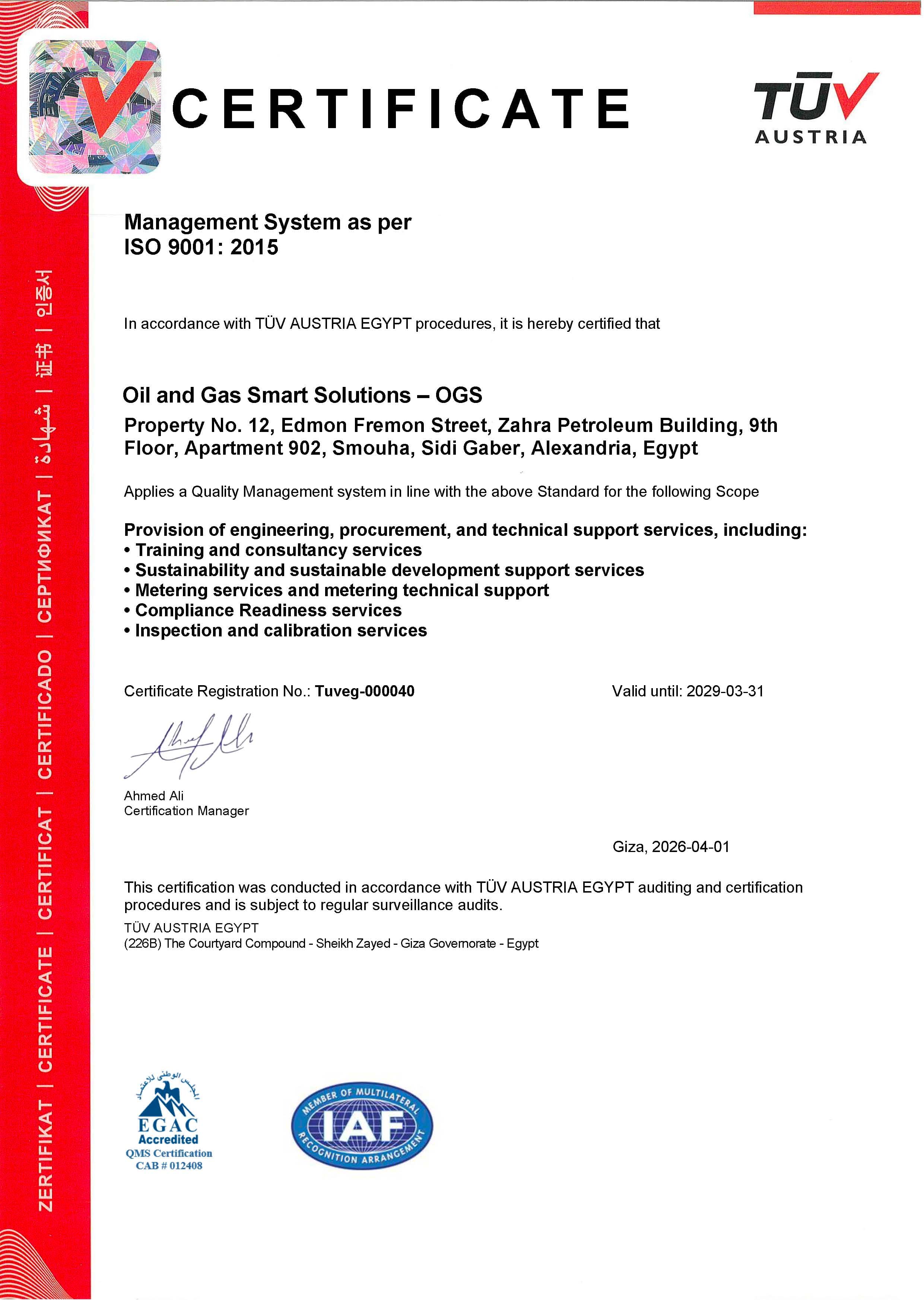 ISO 9001:2015 Certificate — TÜV Austria Egypt